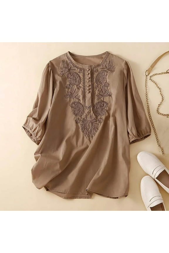 Summer Cotton Linen Tops for Women 2024 Dressy Casual Embroidery Tee Blouses Womens Button Round Neck Tshirts Elbow Sleeve Tunics,Khaki,XL