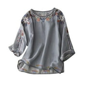 YEYLANERS Summer Women Cotton Linen Tshirt Tops Boho Embroidered Mexican Peasant Blouse for Women Vintage 3/4 Sleeve Crewneck Shirt Women Casual Loose Shirts 2024,Gray,L