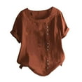 thumbnail image 1 of YEYLANERS Summer Women Cotton Linen Tshirt Tops Casual Loose Fit Trendy Solid Color Tunic Tees for Women Short Sleeve Round Neck Button Blouses Comfy Shirts,Brown,XX-Large, 1 of 5