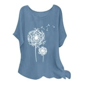 YEYLANERS Summer Women Cotton Linen Tshirt Tops Short Sleeve Casual Crewneck Flowy Tunic Tees Womens Trendy Dandelion Graphic Print Solid Blouses Shirts 2024,Blue,S