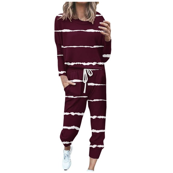 YEYLANERS Sweatsuit Joggers Set for Women,Plus Size Long Sleeve Crewneck Sweatshirts Pockets Sweatpants Lounge Sets,Womens Striped Two Piece Set Casual Workout Athletic Clothing,Wine,XXXL