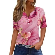 YEYLANERS T-Shirts Women,Women's T-Shirts Dressy Button Down Tunic Tops Short Sleeve Marble Print Blouses Henley V Neck T Shirts Deals of the Day Clearance,Multicolor M