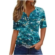 YEYLANERS Tops for Women Dressy Casual,Ladies Tops and Blouses Short Sleeve Henley Neck Sequin T Shirts Trendy Button V Neck Sparkle Tunic Top Blouses 2024,Light Blue XXL