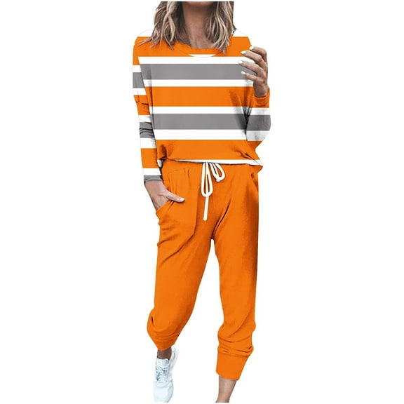 YEYLANERS Travel Lounge Sets for Women Plus Size Striped Pullover Sweatpants Two Piece Fall Outfits 2024 Casual Fashion Sweatsuits Joggers Sets Gym Workout Tracksuits,Orange,M