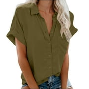 YEYLANERS V Neck Button Down Shirts for Women Solid Color Short Sleeve Shirts with Pockets Comfy Trendy Tops Casual Dressy Tunic,Army Green,M