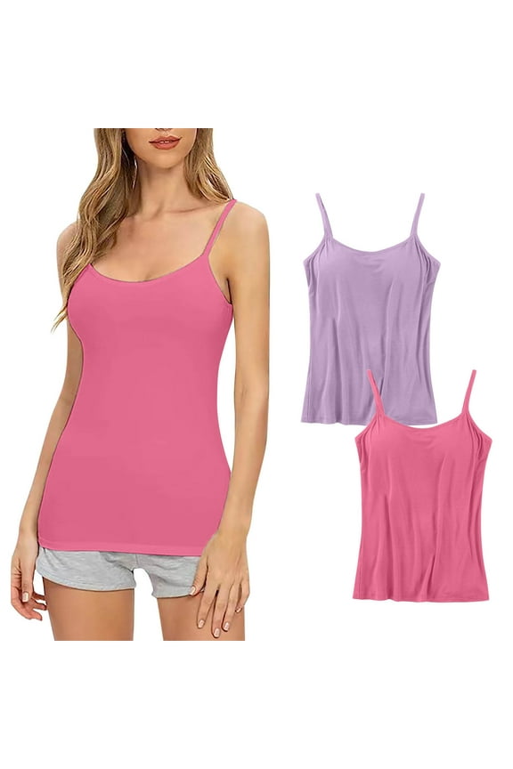 Women Tank Tops with Built in Bra,2 Pack Womens Modal Cotton Camisole Plus Size Yoga Cami Shirts Casual Spaghetti Strap Sleevless Solid Camisoles Undershirt,Hot Pink,XL
