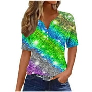 YEYLANERS Women Tops Dressy Casual,Ladies Tops and Blouses Short Sleeve Henley Neck Sequin T Shirts Trendy Button V Neck Tunic Top Blouses Spring Sale 2024,Green XXXL