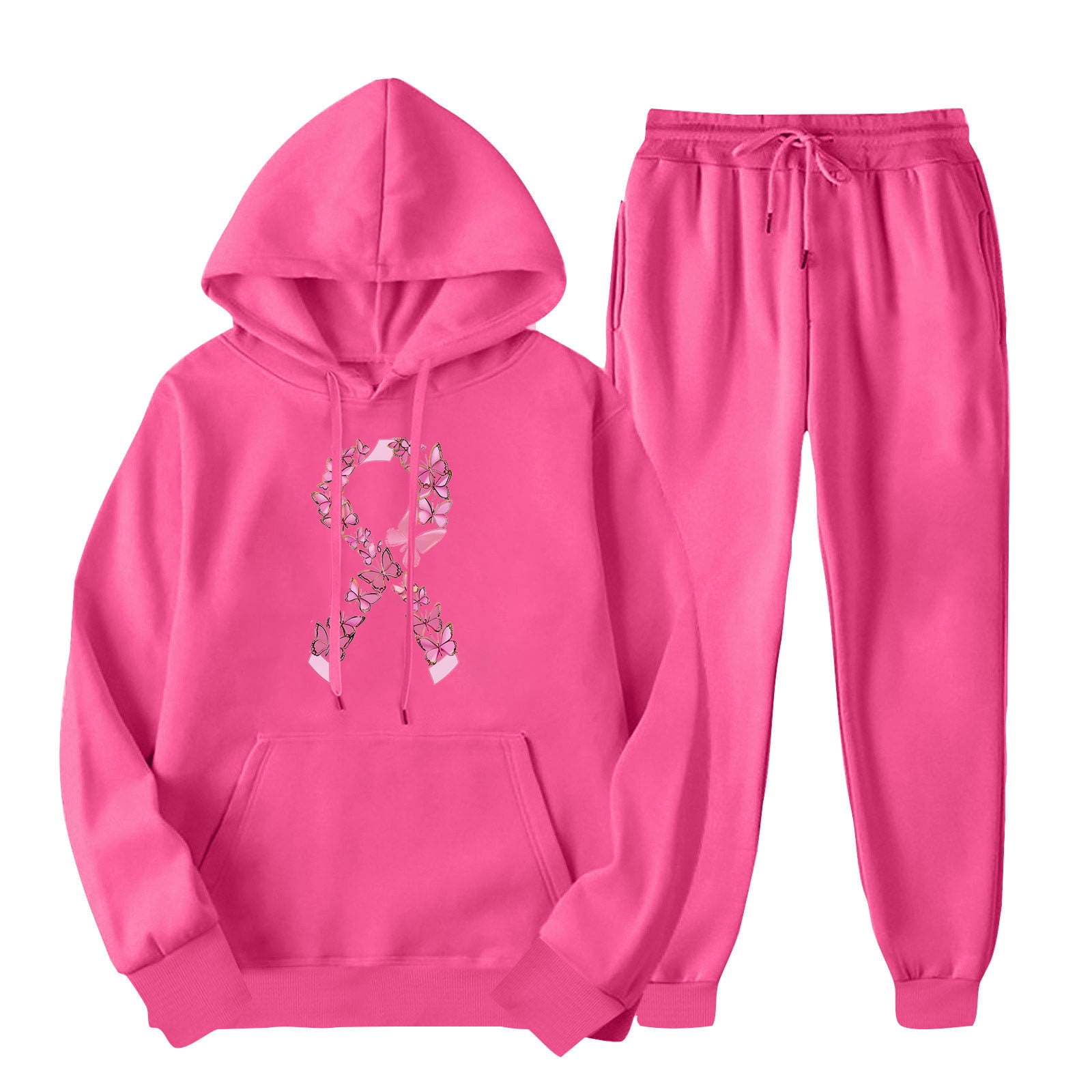 YEYLANERS Women Track Suits 2 Piece Pink Ribbon Breast Cancer Awareness Outfits Oversized Long Sleeve Hoodie Sweatshirt Jogging Sweatpants Y2K Sweatsuit Set with Pockets Hot Pink M Walmart