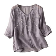 YEYLANERS Women's 3/4 Sleeve Cotton Linen Blouses Womens Dressy Casual V Neck Tunic Shirt Summer for Women Fashion 2024 Loose T Shirts Tops,Purple,XXL