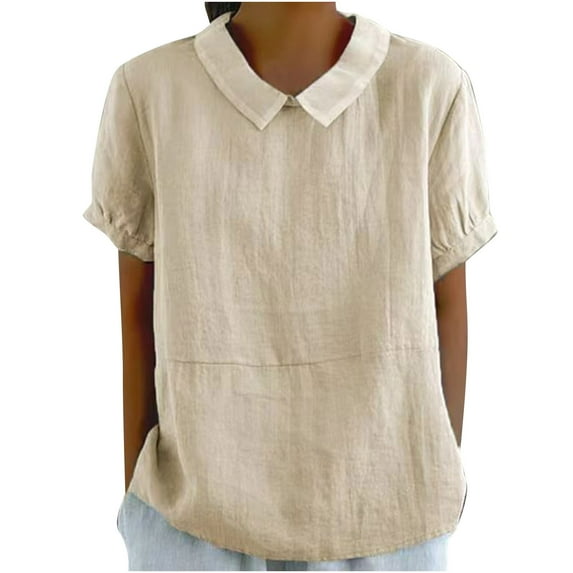 YEYLANERS Women's Cotton Shirts Cute Peter Pan Collar Blouse Women Summer Linen Tops Puff Short Sleeve Casual Office Bohemian Lapel Loose Solid Color Tshirts,Khaki,M