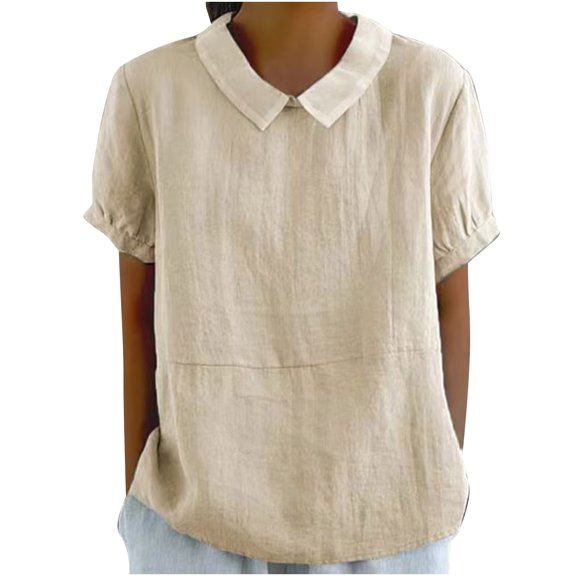 YEYLANERS Women's Cotton Shirts Cute Peter Pan Collar Blouse Women Summer Linen Tops Puff Short Sleeve Casual Office Bohemian Lapel Loose Solid Color Tshirts,Khaki,M