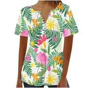 YEYLANERS Women's Dressy Tops and Blouses,Bohemian Tops for Women Trendy 2024 Sexy Elegant T-Shirt Hawaiian Print Short Sleeve V Neck Shirts Henley Neck Buttons Tunic Blouse Lightning Deals
