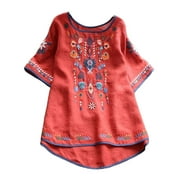 YEYLANERS Women's Embroidered Blouse Cotton Linen Short Sleeve Peasant Boho Mexican Tunic Top Summer Crew Neck Casual T Shirts for Women 2024,Red,M