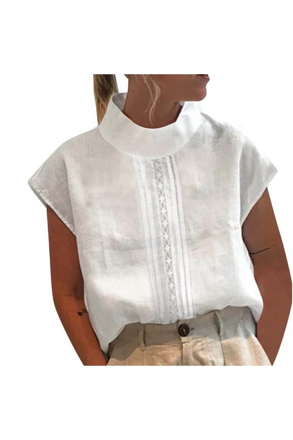 Women's Mock Turtle Neck Tops Short Sleeve Cotton Linen Shirt 2024 Casual Loose Tunic Blouses Womens Summer Elegant Work Tshirt,White,L