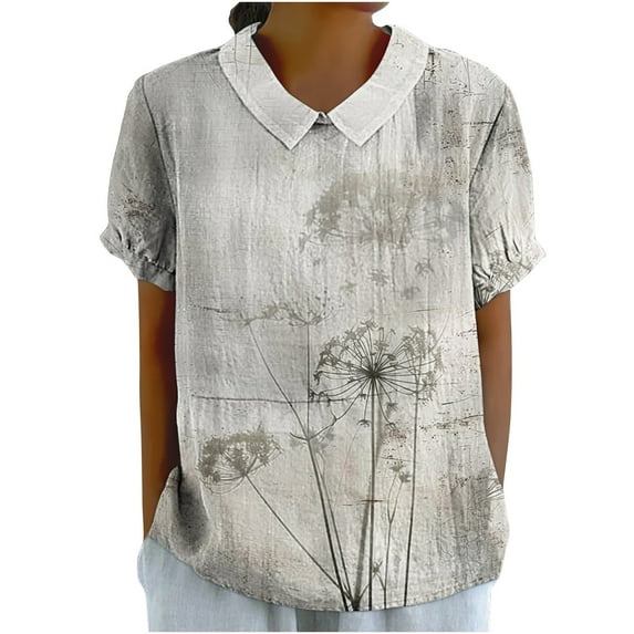 YEYLANERS Women's Plus Size Tunic Tops,Peter Pan Collar Blouse Women 2024 Casual Short Sleeve Lapel Blouses Summer Floral Print Top Trendy Cotton Linen Shirt,White,XXXXL