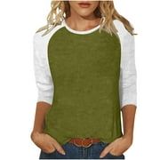 YEYLANERS Womens 3/4 Sleeve Basic T Shirt Summer Round Neck Slim Fit Tunic Shirts Color Block Dressy Tops for Women Casual Loose Comfy Tee Blouses 2024,Army Green,XX-Large