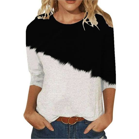YEYLANERS Womens 3/4 Sleeve T Shirts Color Block Comfy Casual Blouses Round Neck Loose Fit Tops Summer 2024 Three Quarter Length Sleeve Tunic Tees for Women ,White,XX-Large