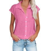 YEYLANERS Womens Button Down Cotton Linen Shirts Botton V Neck Short Sleeve Collared Tee Blouses for Women Loose Solid Color Shirt Women Casual Tunic Tops 2024,Pink,XL