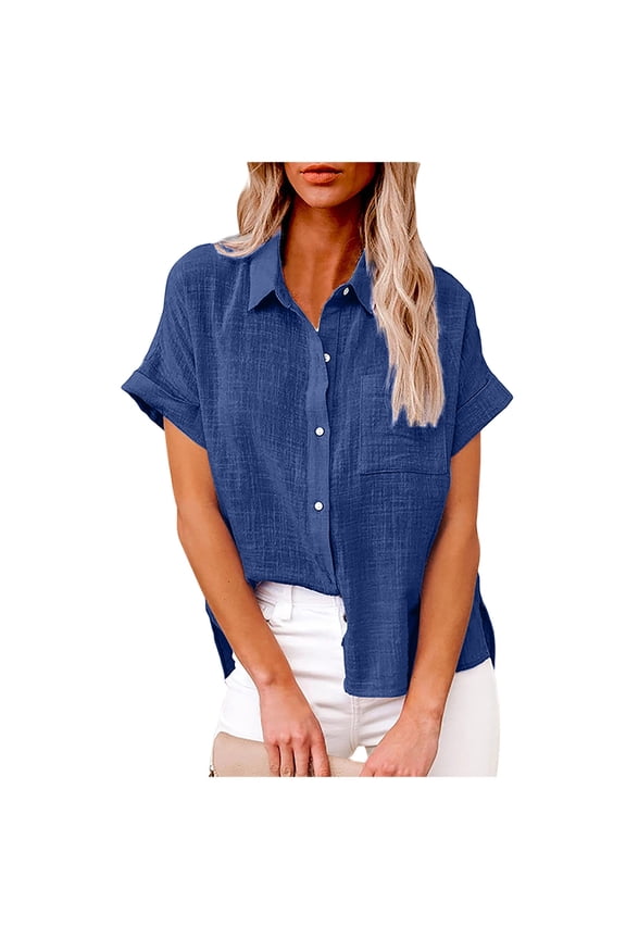 Womens Button Down Shirts Cotton Linen V Neck Roll Up Short Sleeve Blouses Loose Collared Tshirt Casual Work Tops,Blue,M