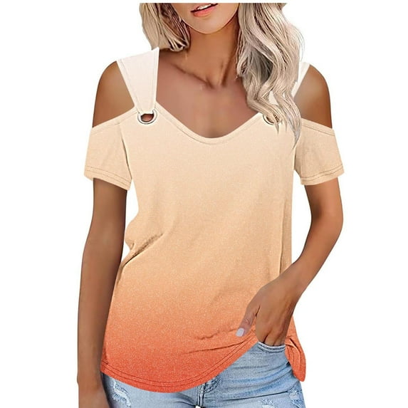 YEYLANERS Womens Cold Shoulder Tops for Women 2024 Summer Gradient Color V Neck T Shirts Women Short Sleeve Going Out Blouses Casual Ring Strap Tee Tunics,Beige,L