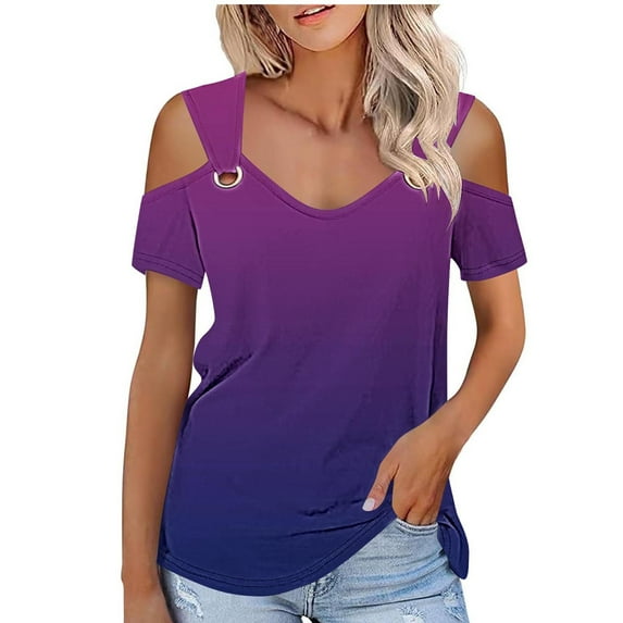 YEYLANERS Womens Cold Shoulder Tops for Women 2024 Summer Gradient Color V Neck T Shirts Women Short Sleeve Going Out Blouses Casual Ring Strap Tee Tunics,Purple,M