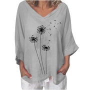YEYLANERS Womens Cotton Linen Tops, New T Shirts for Women 3/4 Sleeve Baggy Shirt Dandelion Print Tees Women Summer 2024 V Neck Blouses,Gray,XXXL