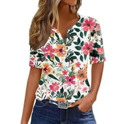 YEYLANERS Womens Floral Blouses and Tops Dressy,Ladies Tops and Blouses Short Sleeve Loose Fitting Henley Top Buttons V Neck Grandma Shirts Tunic Blouse,Pink XXL