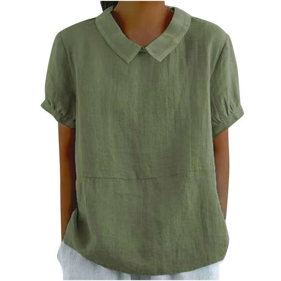 YEYLANERS Womens Linen Shirts Cute Peter Pan Collar Ruched Puff Short Sleeve Summer Tops Casual Office Bohemian Tunic Lapel Blouses Loose Cotton Blend Solid Tshirts,Green,S