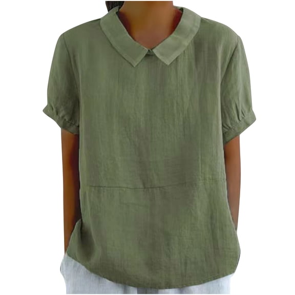 YEYLANERS Womens Linen Shirts Cute Peter Pan Collar Ruched Puff Short Sleeve Summer Tops Casual Office Bohemian Tunic Lapel Blouses Loose Cotton Blend Solid Tshirts,Green,L