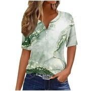 YEYLANERS Womens Marble Print Blouse Dressy Casual,Ladies Tops and Blouses Short Sleeve Henley Neck T Shirts Trendy Button V Neck Tunic Top 2024 Clearance Deals,Green XXL