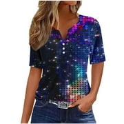 YEYLANERS Womens Shirts Dressy Casual,Ladies Tops and Blouses Short Sleeve Henley Neck Sequin T Shirts Trendy Button V Neck Sparkle Tunic Top Blouses 2024,Purple M