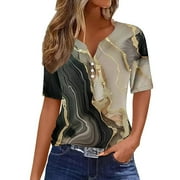YEYLANERS Womens Tee Shirts,Women's T-Shirts Dressy Button Down Tunic Tops Short Sleeve Marble Print Blouses Henley V Neck T Shirts Deals of the Day Clearance,Multicolor M