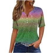 YEYLANERS Womens Tops Dressy Casual,Ladies Tops and Blouses Short Sleeve Henley Neck Sequin T Shirts Trendy Button V Neck Sparkle Tunic Top Blouses 2024 Deals of the Day Clearance,Purple M