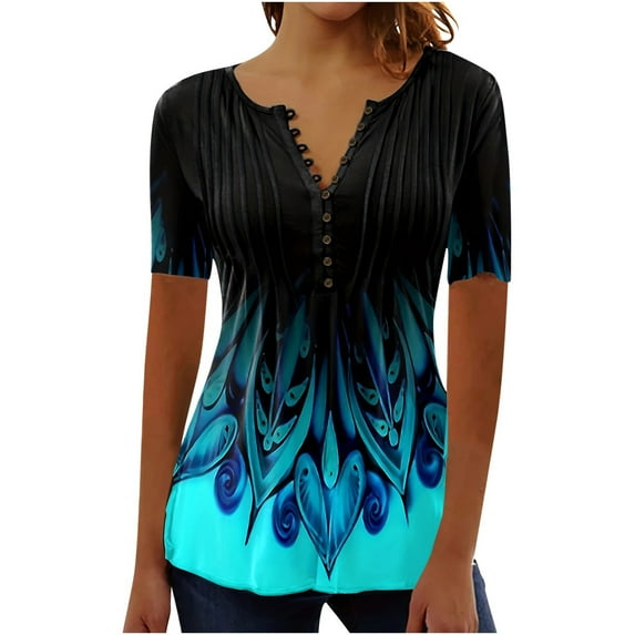 YEYLANERS Womens Tunic Tops Trendy Vintage Boho Shirts Short Sleeve Notch V Neck T Shirt Casual Summer Plus Size Blouses for Women 2024 Loose Printed T Shirts,Black,XL