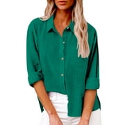 YEYLANERS Cotton Linen Button Down Shirt Women Trendy Solid Color Tops for Women Summer Casual V Neck Roll Up Short Sleeve Shirts Womens Loose Fit Tunics Blouses 2024，Green，XXXXXL