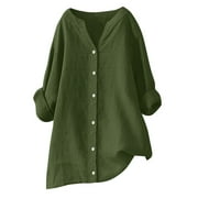 YEYLANERS Women's Linen Cotton Shirts Long Sleeve Oversized Casual Summer Blouses for Women Button V Neck Loose Fit Shirt Womens Trendy Lightweight Tunic Tops，Army Green，XXXXL