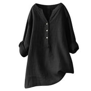 YEYLANERS Women's Linen Cotton Shirts for Women 2024 Summer Long Sleeve Oversized Casual Tee Blouses Womens Button V Neck Loose Fit Lightweight Tunic Tops，Black，XXXXL