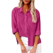 YEYLANERS Womens Cotton Linen Shirts Long Sleeve Button Down Collared Blouses for Women Summer Casual Roll Up Solid Color Tees Women Work Office Tunic Tops，Hot Pink，XL