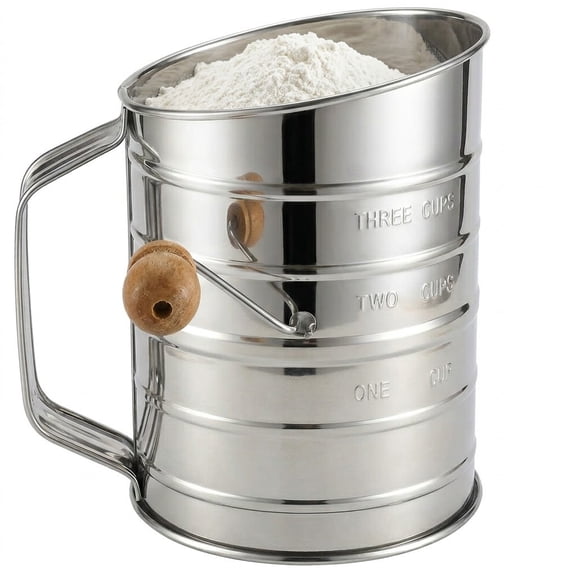 YEyangqi 3 Cup Stainless Steel Flour Sifter, Rotary Hand Crank with 24-Mesh Fine Screen & Double Agitator, Professional Sifter for Baking Cakes, Powdered Sugar, Cocoa, Silver
