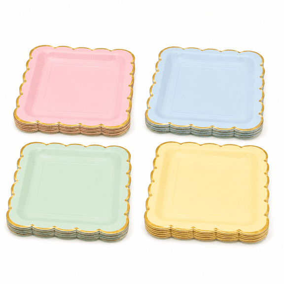 YEyangqi 40 Pack 9 Inch Square Scalloped Paper Plates, Disposable Gold Foil Rim Party Plates, Macaron Color Set (Pink/Yellow/Green/Blue), for Birthday Wedding Baby Shower Dessert Table