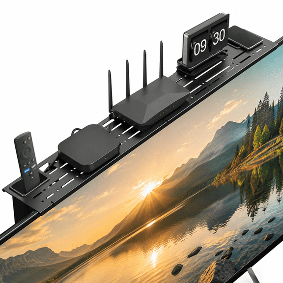 YEyangqi TV Top Shelf with 2 Storage Boxes, Adjustable 35.4 Inch No-Drill Steel Monitor Shelf, Universal Floating Stand for Soundbar, Router, Game Console, Cable Box, 180 Adjustable Feet