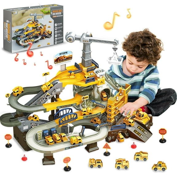 YCFUN Mining Truck Race Track Set for Kids, 68Pcs Vehicle Playset with Music, Simulated Scenes, Preschool Toddler Raceway Toy for Boys Girls Ages 3+