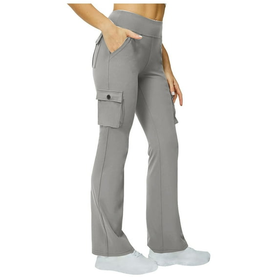 YFELWZ Pants for Women Elastic Waist Casual Lined Cargo 6 Pockets Water Thermal Winter Hiking Flare Leggings Outdoor Grey M