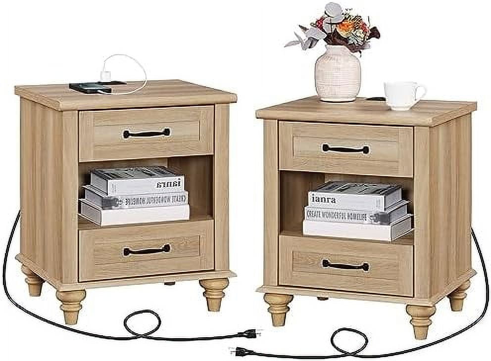 YFENGBO Nightstands Set of 2 End Tables with Charging Station & 2 Drawers Farmhouse Side Table