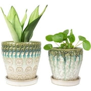 YFFSRJDJ 6 Inch + 5 Inch Ceramic Planter Pot with Drainage Holes, Saucers and Mesh Pads for Indoor Plants, Succulent Orchid Flower Pots - Set of 2