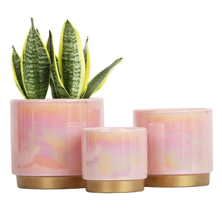 YFFSRJDJ Pink Indoor Plant Pots for Plants, Ceramic Planter with Drainage Hole, 6.0 inch+5.0 Inch+4.0 Inch. Succulent Orchid Flower Pot - Rainbow Pearl Glaze