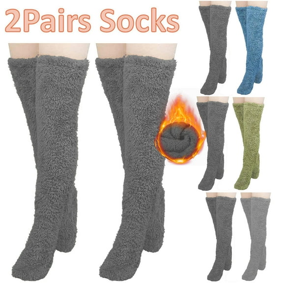 YFGEFTR 2 Pairs Knee Thigh High Fuzzy Socks Furry Long Leg Warmer Women Plush Slipper Stocking Winter Fluffy Sleeping Socks