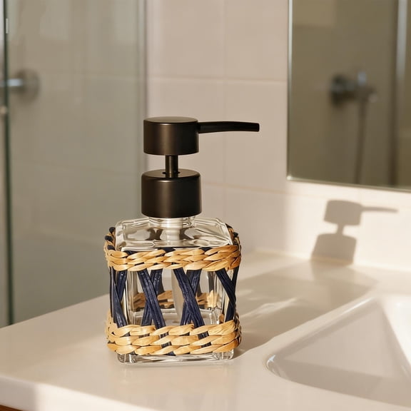 YFGEFTR Bathroom Soap Dispenser, Glass Bottles with Pump and Rattan Wrap, Refillable Decorative Bottle for Kitchen or Countertops