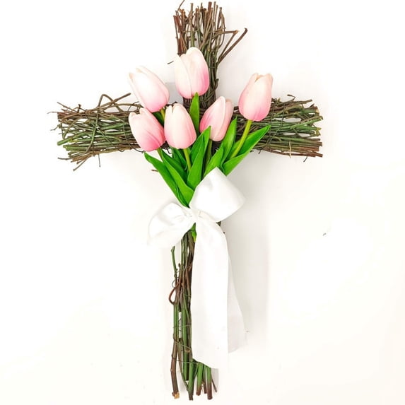 YFGEFTR Easter Front Door Cross Wreath Natural Grapevine Door Sign Christian Jesus Lily Flowers Wreaths Hanger Gift for Spring Home Porch Farmhouse Party Decor