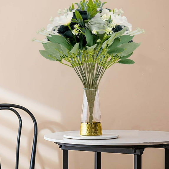 YFGEFTR Fake Flowers in Vase Mix Bouquet for Decoration, Fake Silk Floral Pre-made Bundles Faux, Roses, Chamomile, Daisy, Camellia, for Table Decor, Wedding, Gift Package